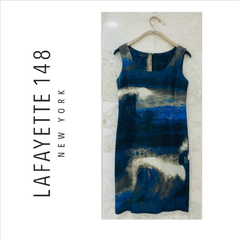 LAFAYETTE 148 {8} Sheath Dress Blue Graphic Sleeveless - Picture 2 of 4
